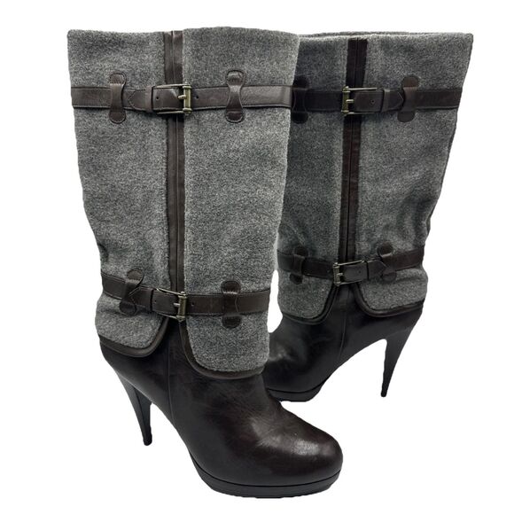 Cole Haan "Kennedy" Brown Leather w/ Gray Flannel Buckle Boots High Heels~9B - Picture 1 of 8